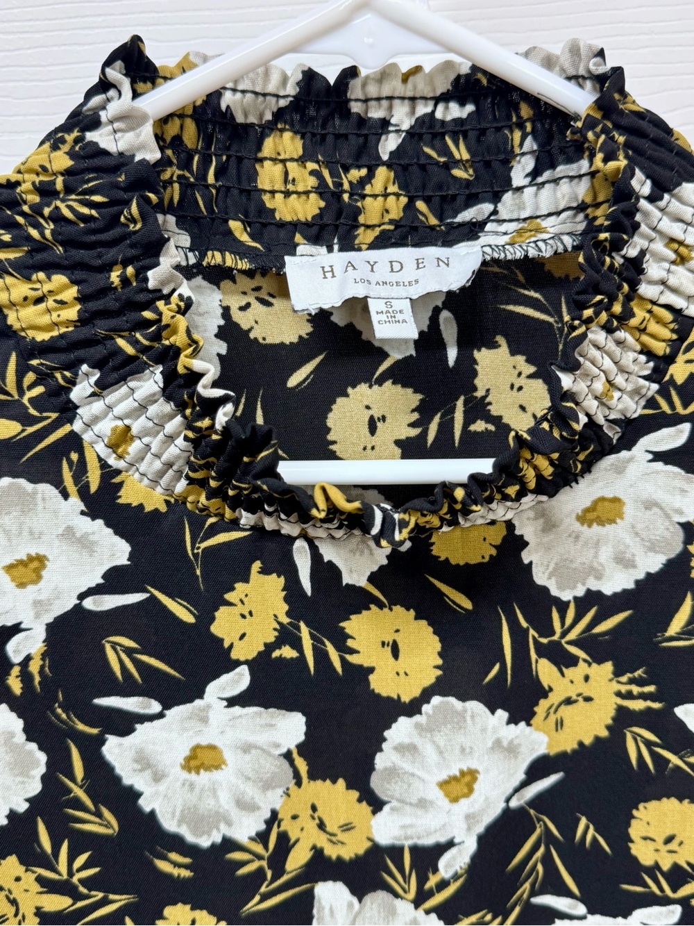 Hayden Los Angeles Floral Smocked High Neck Blouse Black Mustard Small - Picture 5 of 10